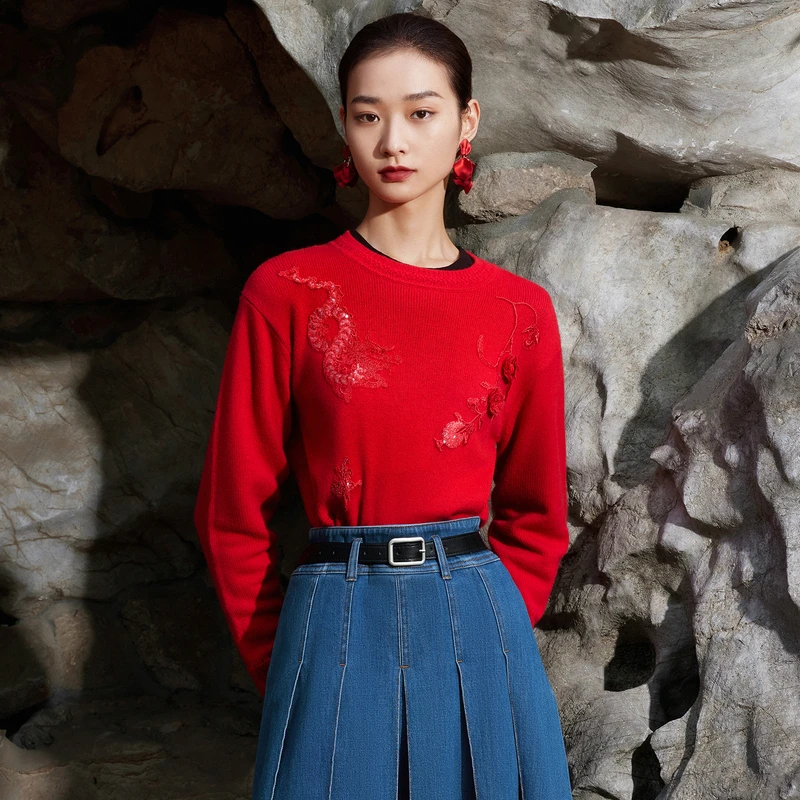 直播专享石榴龙纹国风羊毛套头毛衣圆领含羊绒DOUBLOVE贝爱早春款