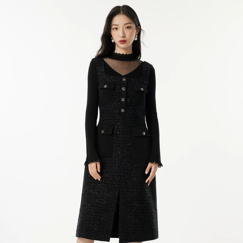 【黑金小香风连衣裙】粗花呢收腰背心裙含羊毛DOUBLOVE贝爱秋冬新款