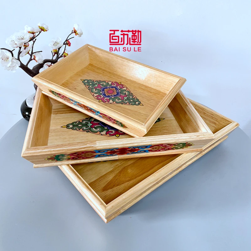 彩绘蒙古手把肉托盘长方形蒙餐盘烤羊腿实木盘奶食盘家用木盘