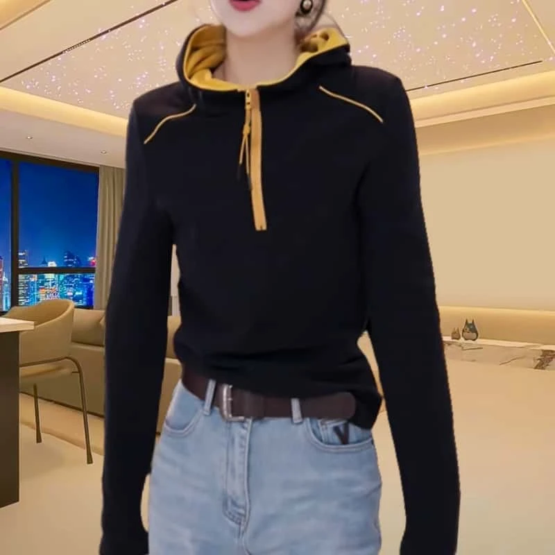 冬季气质长袖连帽半拉链卫衣女2024新款时尚拼色休闲百搭大码上衣