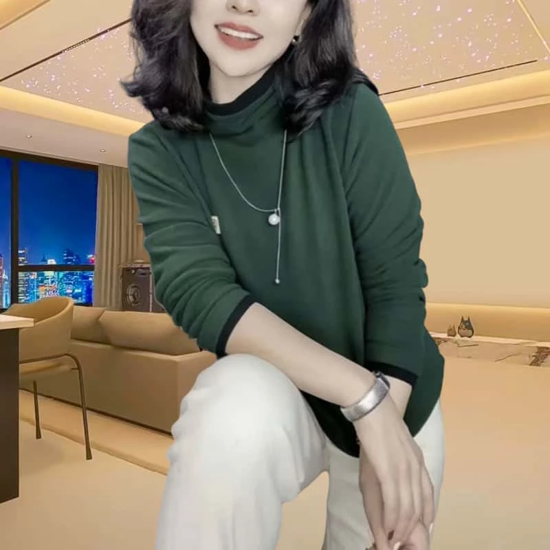 宽松洋气长袖T恤上衣女2024秋冬时尚撞色高领德绒休闲百搭打底衫
