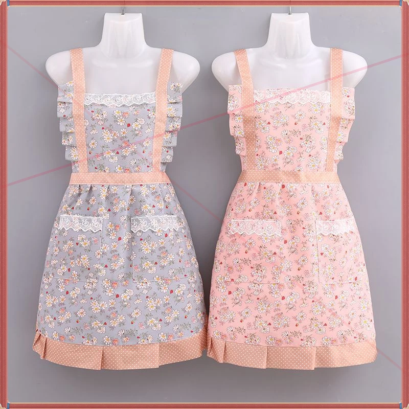 新款韩版无袖围裙女家用厨房工作服透气耐磨公主风刺绣帆布围裙