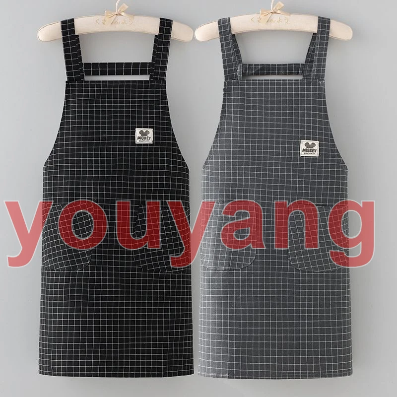 松弛感罩衣围裙纯棉围裙格子背带时尚女士上班厨房家用防专用围腰