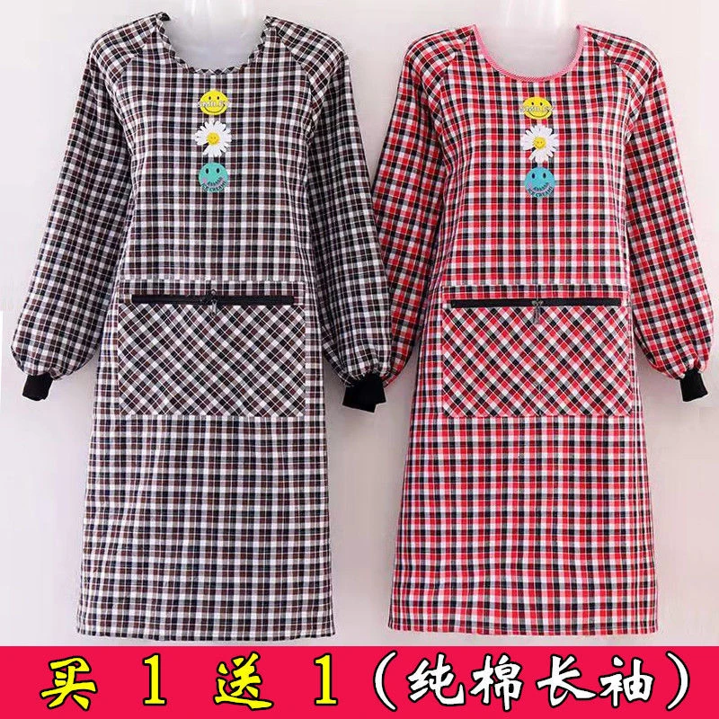 厨房围裙女长袖棉麻防油污罩衣成人上班可爱工作服网红家用围腰裙