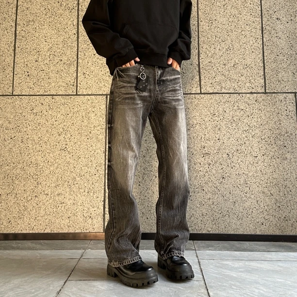 麻瓜兄弟美式高街水洗黑色牛仔裤男直筒修身弹力微喇cleanfit裤子