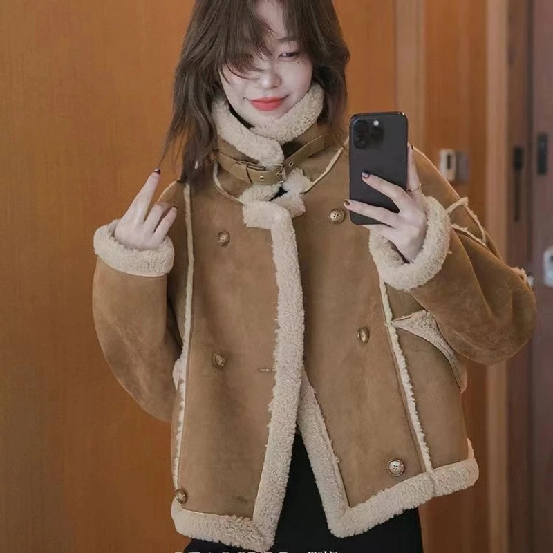 宽松版皮毛一体羊羔绒机车外套短款秋冬新款小个子加厚加绒外套