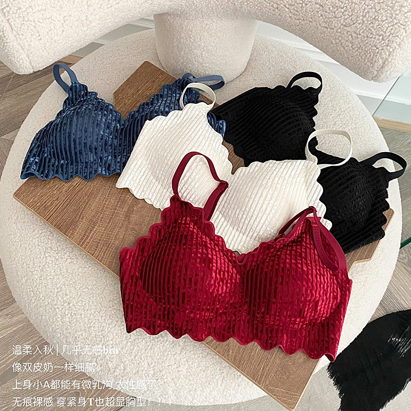 丝绒保暖无钢圈背心式套头蕾丝无痕舒适红色本命年免穿文胸女