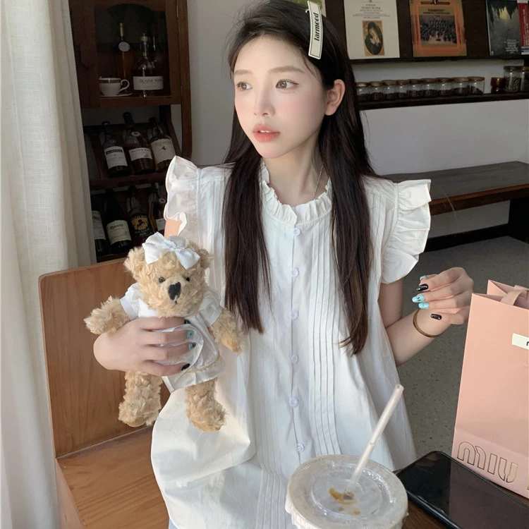 【小个子女装】甜美小飞袖白色衬衫夏无袖别致娃娃衫短款上衣女9051