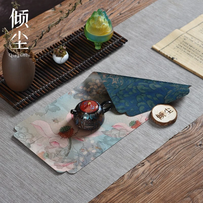 禅意小茶席 蓝色波浪 粉色荷花 双面小茶垫 主人位干泡垫缎面桌旗