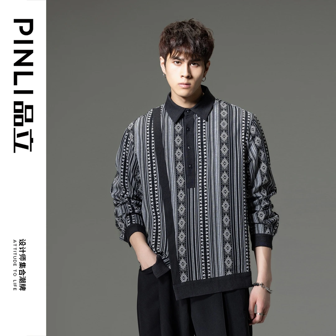 PINLI品立春季提花套头长袖衬衫男复古菱格民族风衬衣B233113022