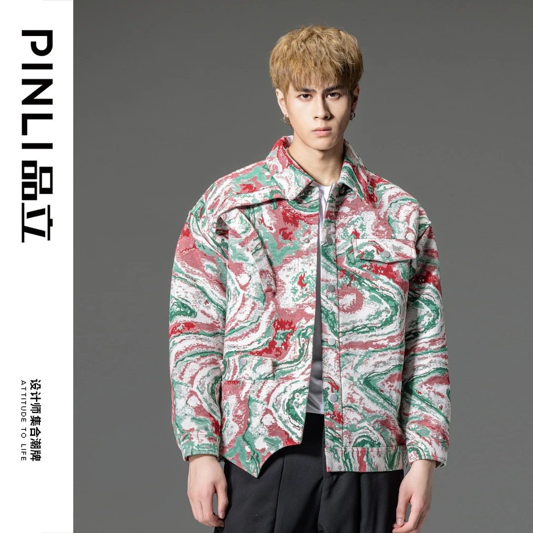 PINLI品立秋冬提花工装外套男不规则下摆宽松潮牌夹克B233104048
