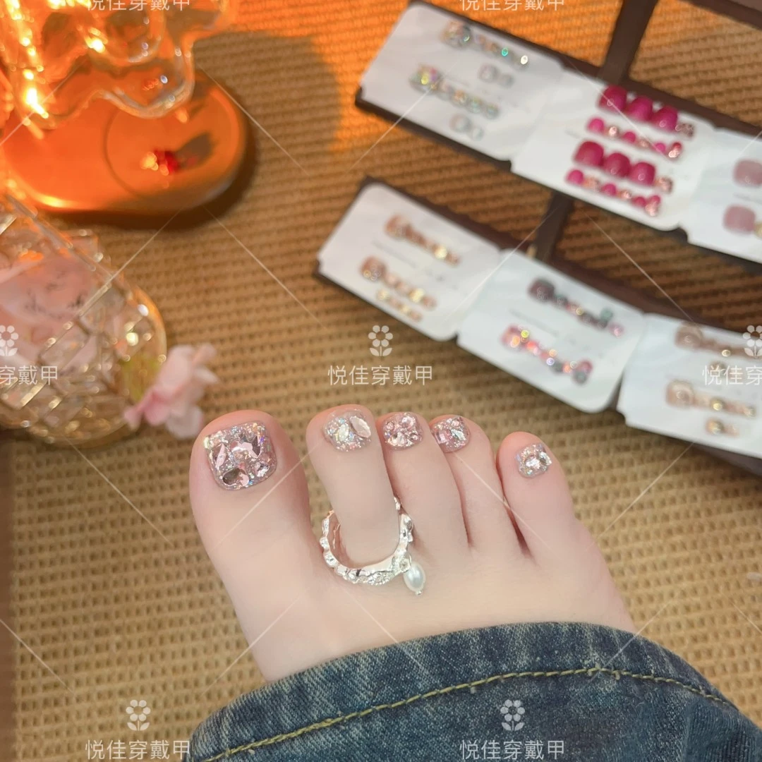 【粉钻】纯手工脚甲粉色满钻夏季新款穿戴脚甲定制