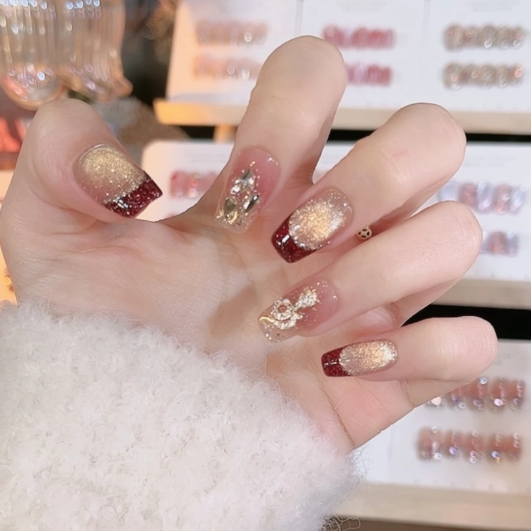 【 暴富金蛇】纯手工穿戴甲裸色法式金蛇美甲10片