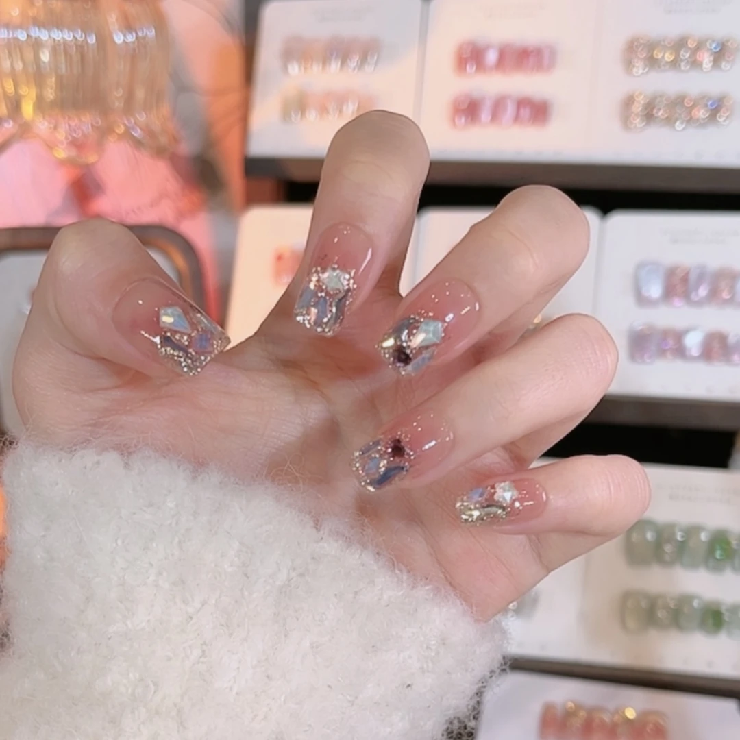 【糖果派对】纯手工穿戴甲裸粉色镶钻美甲10片