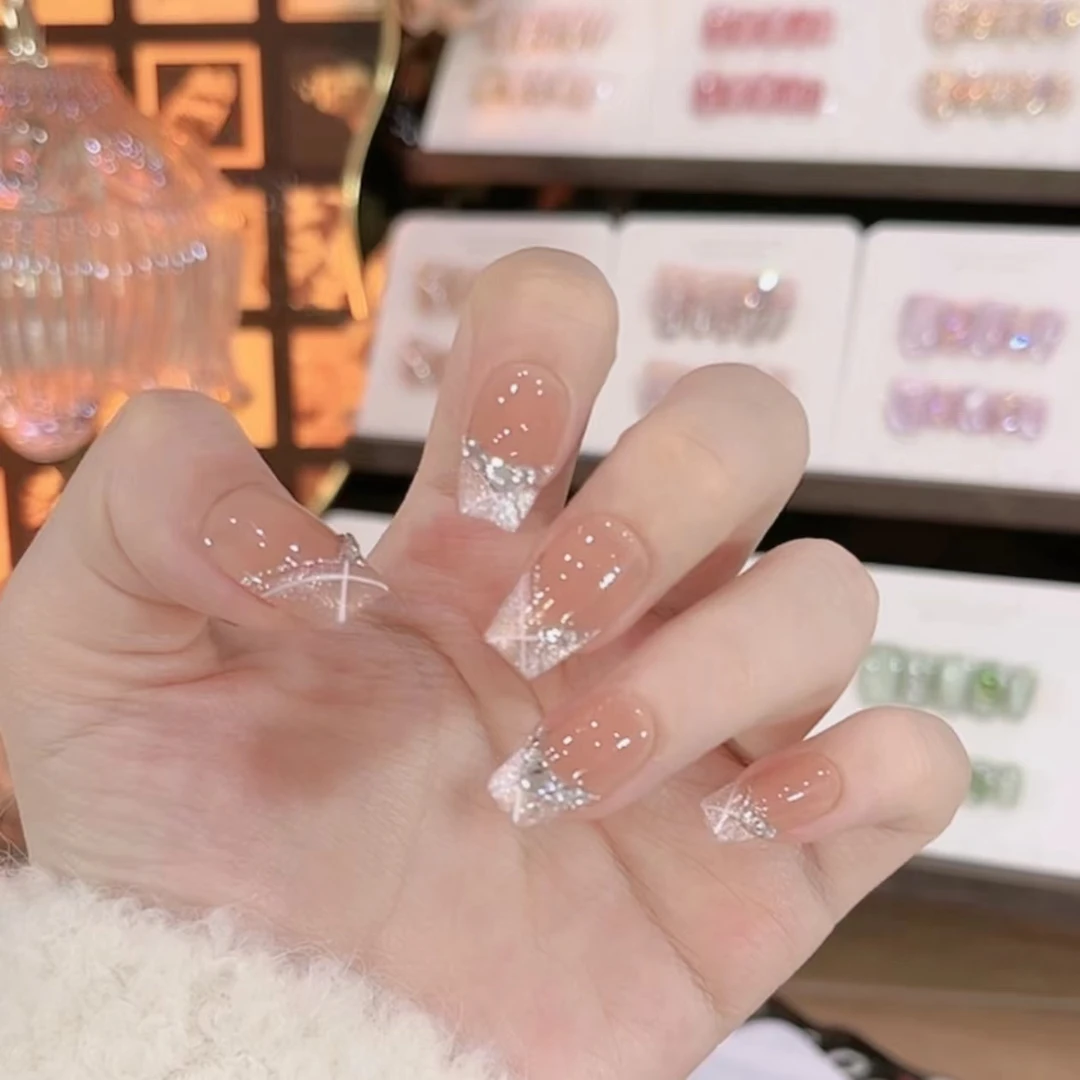 【缀梦芭蕾】纯手工穿戴甲法式银边猫眼百搭美甲贴片10片