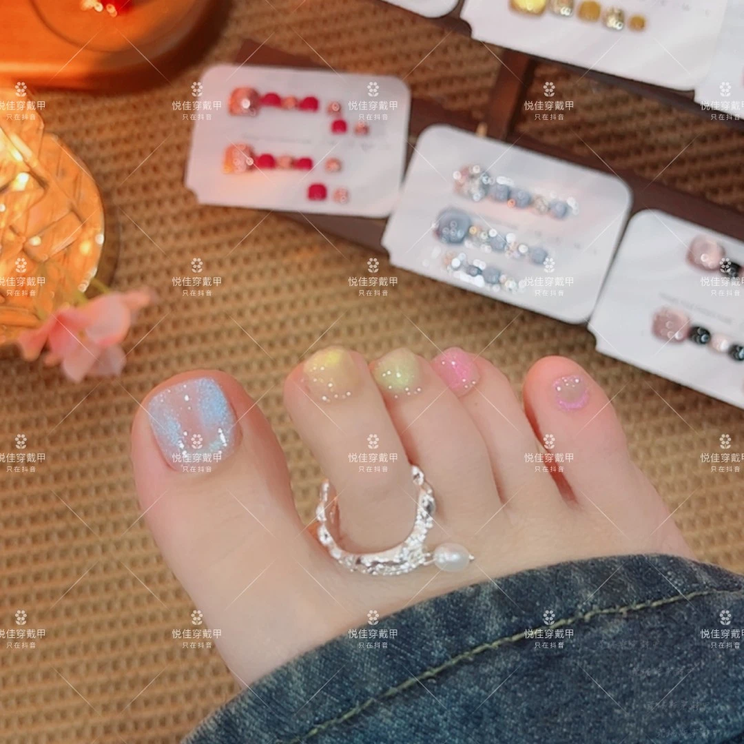 【糖豆】纯手工脚甲七彩猫眼高级显白脚甲14片