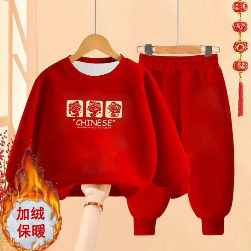 拜年服儿童套装冬季新款男女童加绒中国风红色喜庆卫衣卫裤两件套