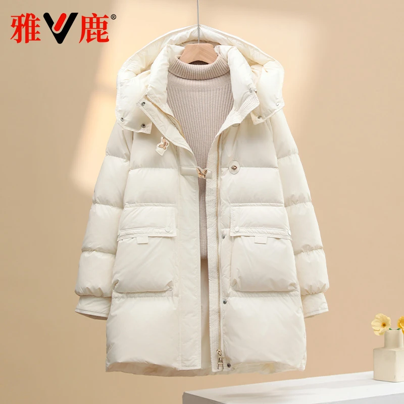 雅鹿2024新款羽绒服女中长款连帽加厚冬季保暖白色气质减龄外套潮