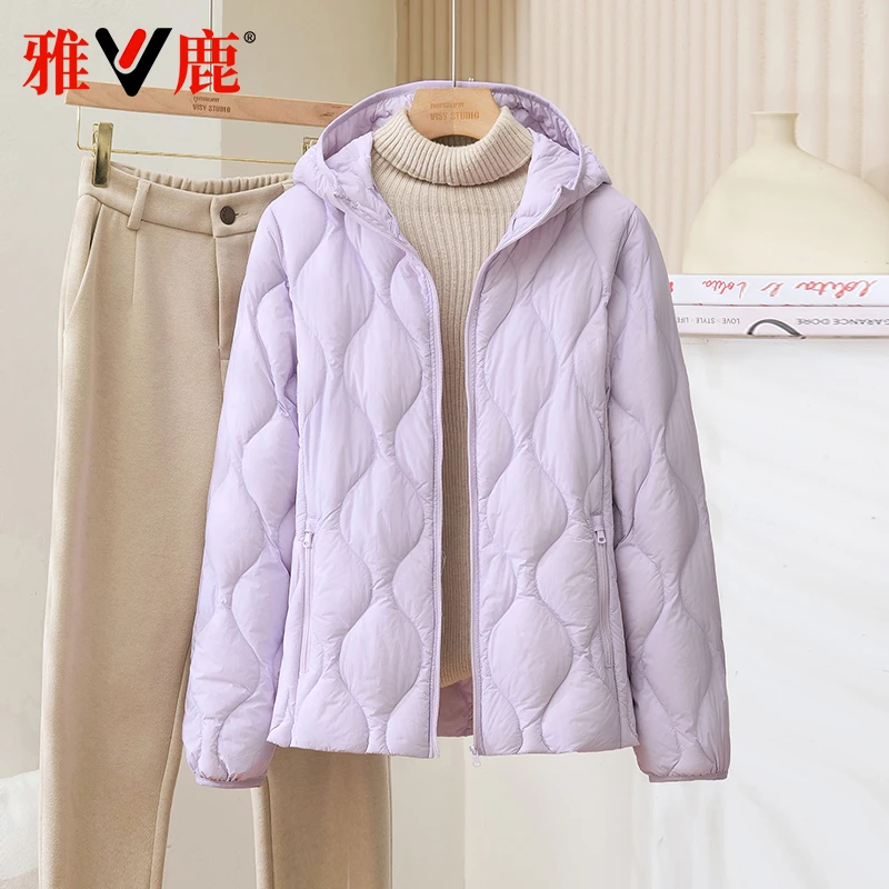 雅鹿2025新款轻薄羽绒服女内胆简约纯色连帽内搭外穿保暖外套秋冬