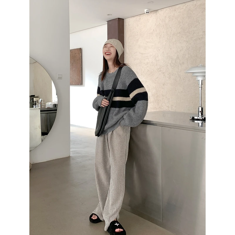 【清仓】编织条纹脚口开衩阔腿休闲长裤