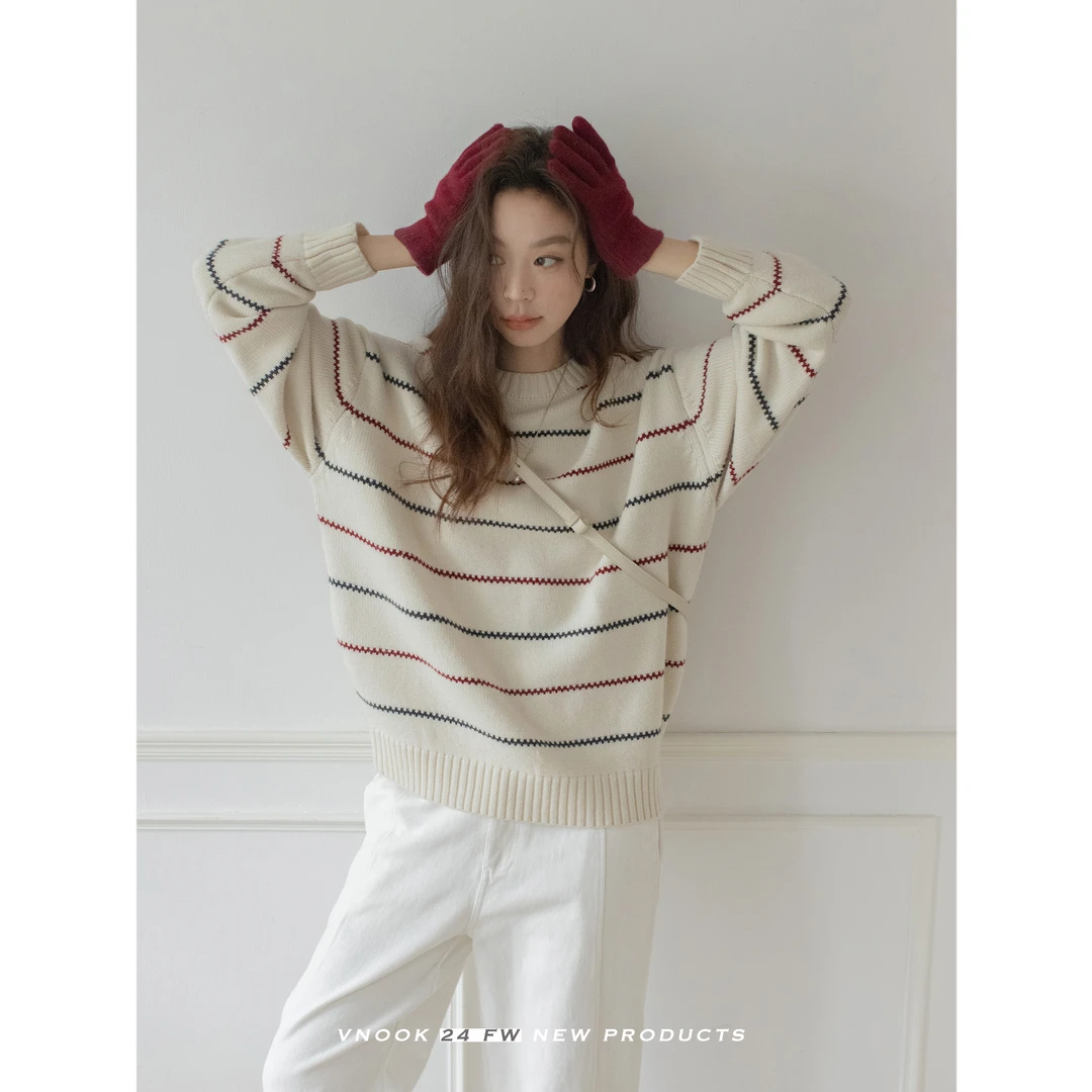 vnook 彩条纹羊毛混纺毛衣女秋冬季宽松复古高级感慵懒圆领针织衫