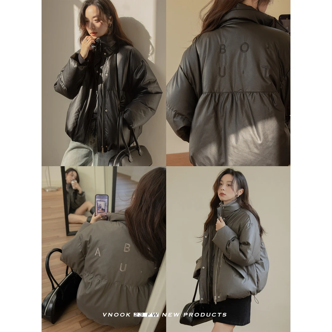 vnook【清仓】短款羽绒服女冬季刺绣立领pu宽松加厚棉服外套高级