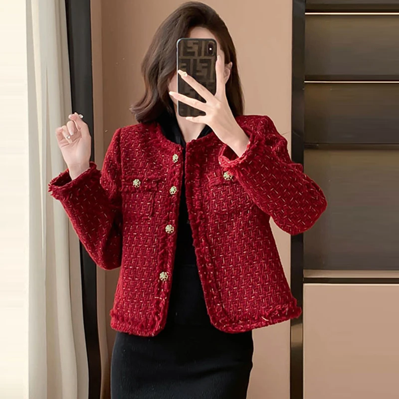 本命年红色小香风外套女春秋季2024新款韩版时尚百搭宽松夹克上衣