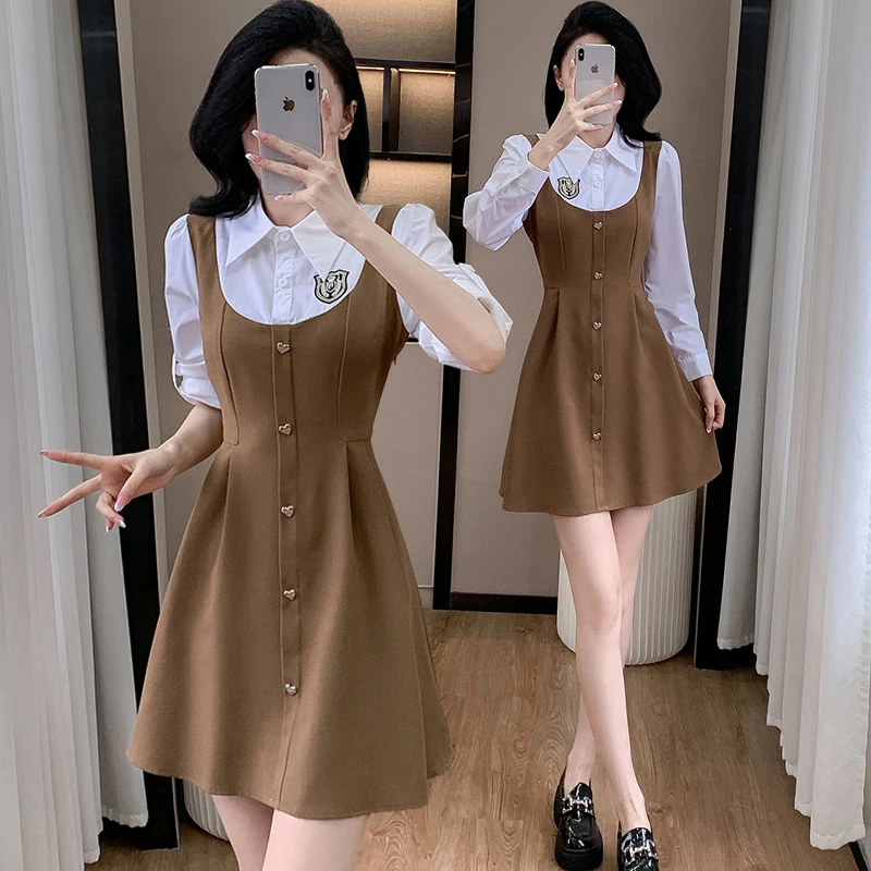 2025新款早秋小个子穿搭假两件衬衣领连衣裙女韩系减龄气质a字裙
