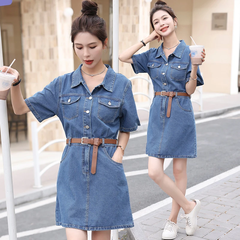 小个子时尚休闲牛仔连衣裙女夏季2025新款港风复古收腰衬衫a字裙