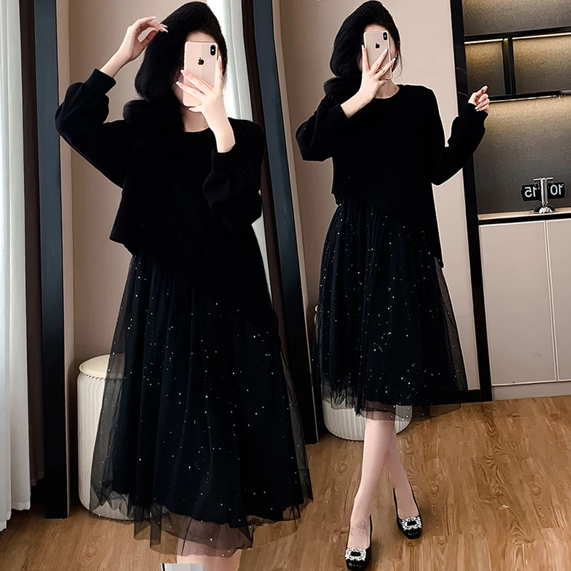 不规则假两件网纱亮片连衣裙女秋季2025新款大码赫本风气质小黑裙