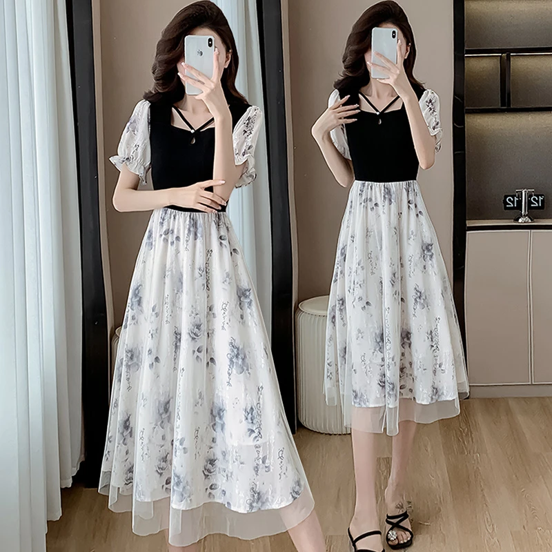 小香风连衣裙女夏季2025新款时尚拼接网纱收腰显瘦假两件初恋裙子