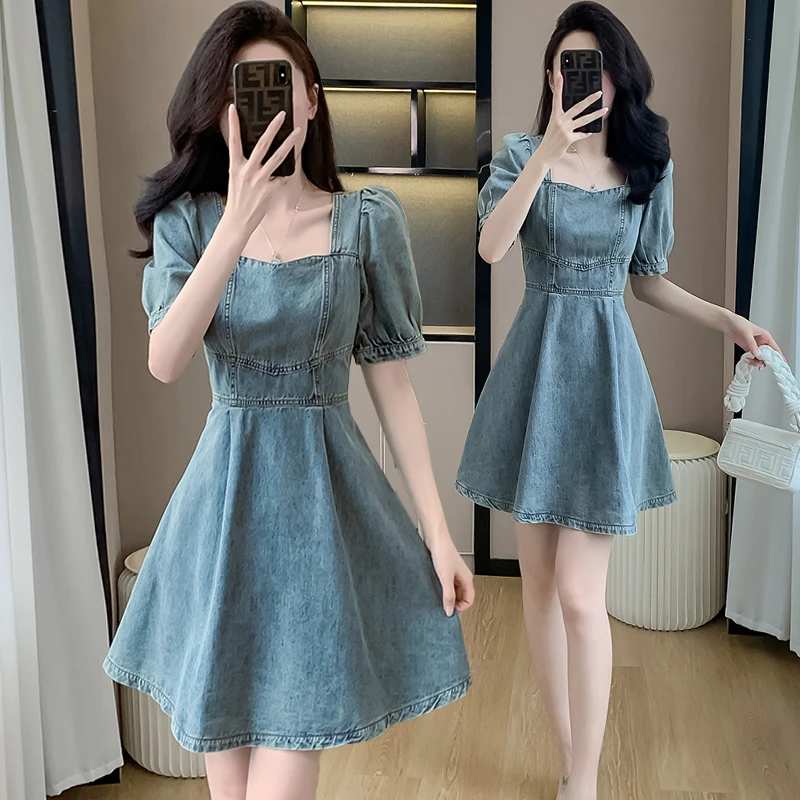 法式复古显瘦方领牛仔连衣裙女夏季2025新款收腰遮肚显瘦a字裙子