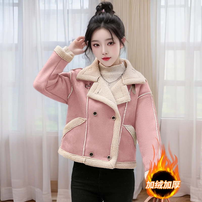 高级感加绒加厚外套女2025冬季新款气质皮毛一体鹿皮绒机车服棉衣