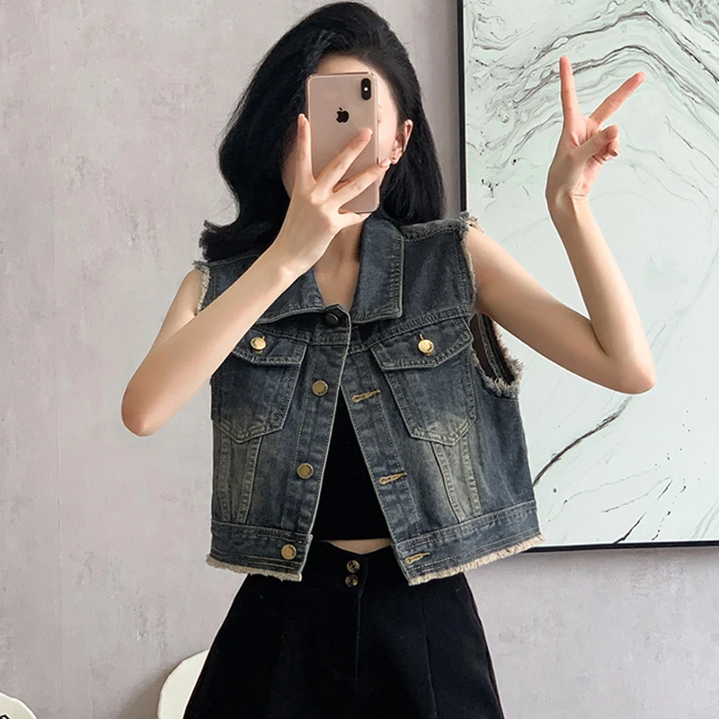 复古时尚毛边牛仔马甲外套女春秋装2025新款高腰短款马夹坎肩上衣