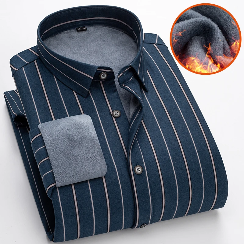 冬季加绒加厚保暖衬衫商务男士格纹衬衣长袖爸爸装休闲打底上衣