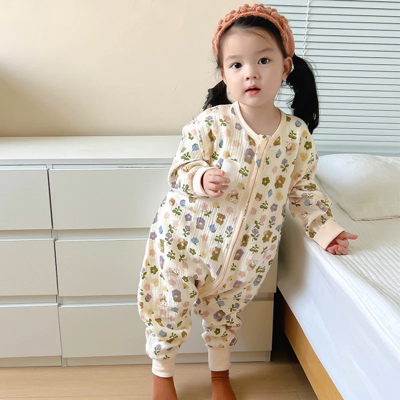 儿童睡袋防踢被四季通用春秋纱布小碎花纯棉春夏长袖宝宝连体睡衣