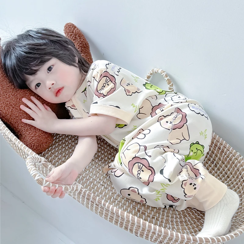 宝宝睡袋夏季短袖薄款连体睡衣纯棉100%棉a类儿童空调防踢被3-6岁