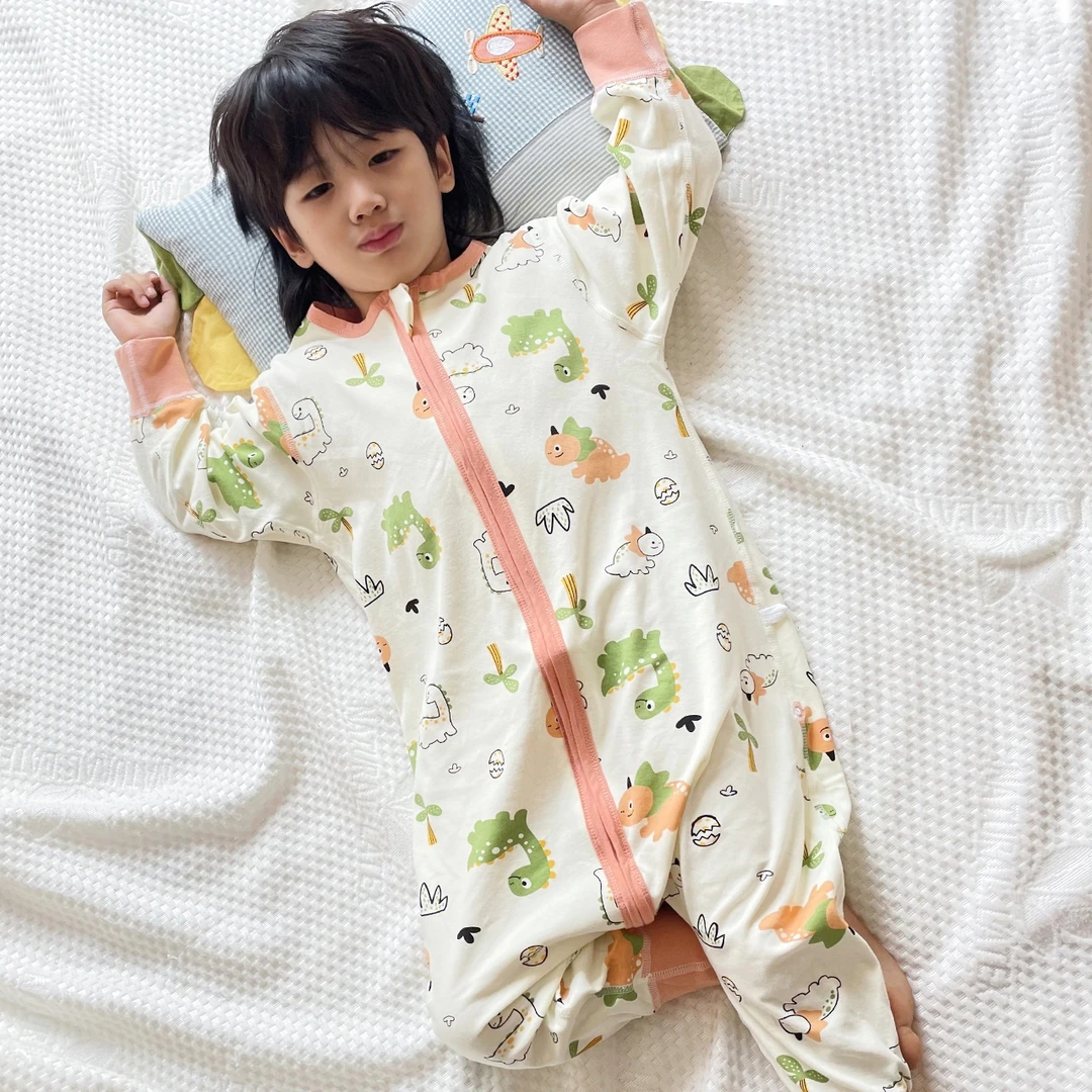 春秋款儿童连体睡衣宝宝长袖睡袍薄款纯棉女童男童防踢家居服