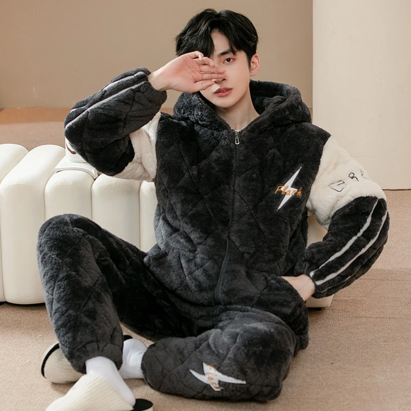秋冬款男士睡衣14033夹棉连帽简约保暖舒适套装加绒加厚家居服