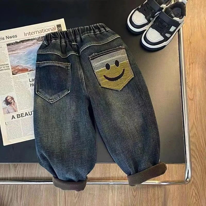 男童加绒牛仔裤2023秋冬季新款一体绒牛仔裤美拉德韩版外穿长裤潮