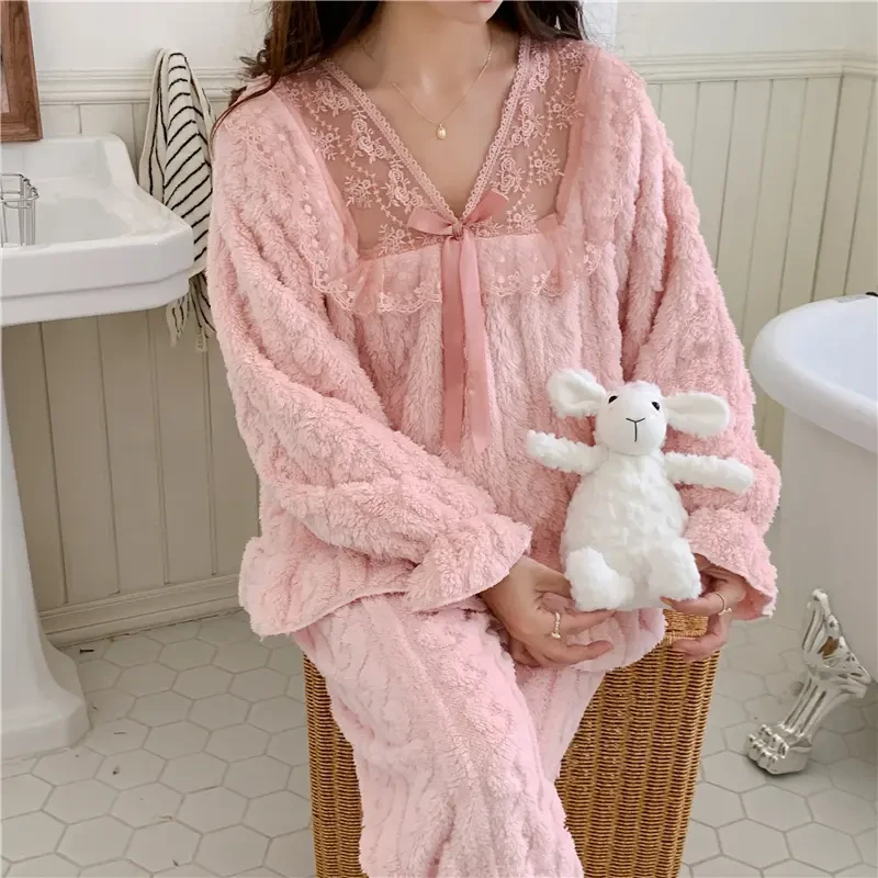 睡衣女套装冬季加绒加厚甜美v领蕾丝花边法兰绒家居服可外穿