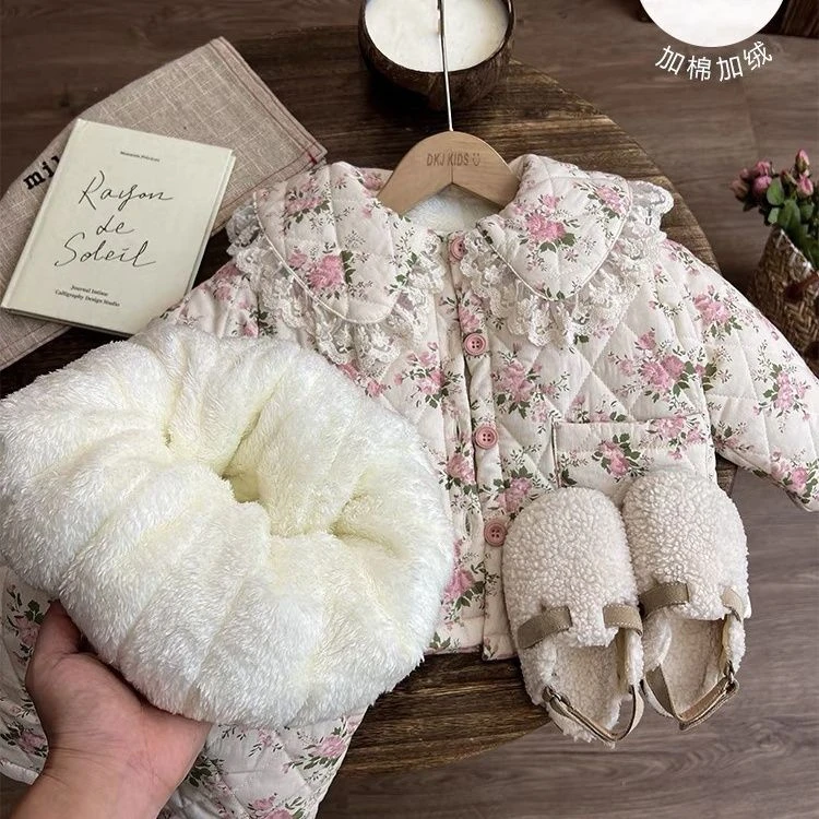 短款新款儿童女孩冬装碎花女宝宝加绒加厚保暖衣棉衣冬款秋冬外出