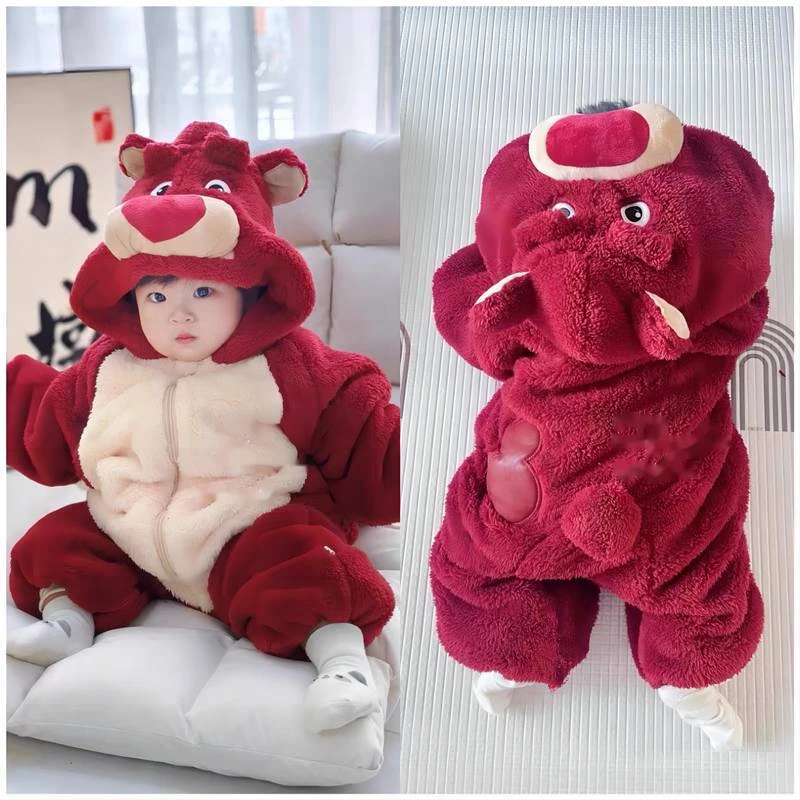 婴儿儿童加厚保暖衣服男宝宝加绒加厚棉衣超萌可爱草莓熊秋冬季爬