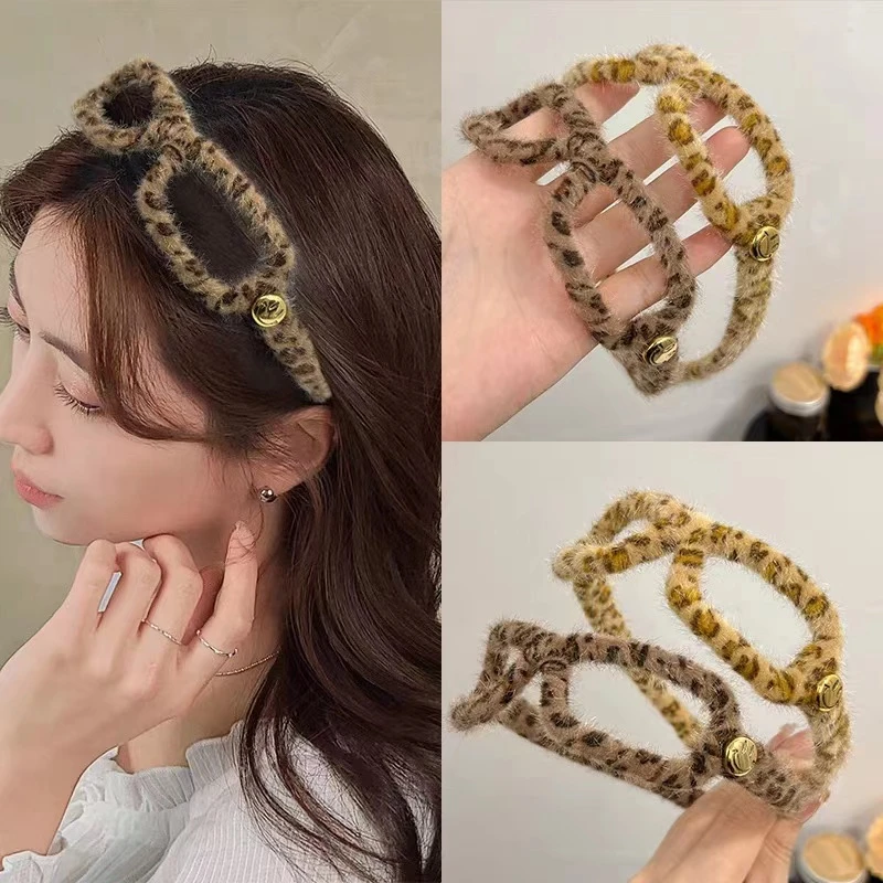 气质毛绒豹纹眼镜发箍女碎发整理洗脸头箍2024新款复古发卡头饰秋