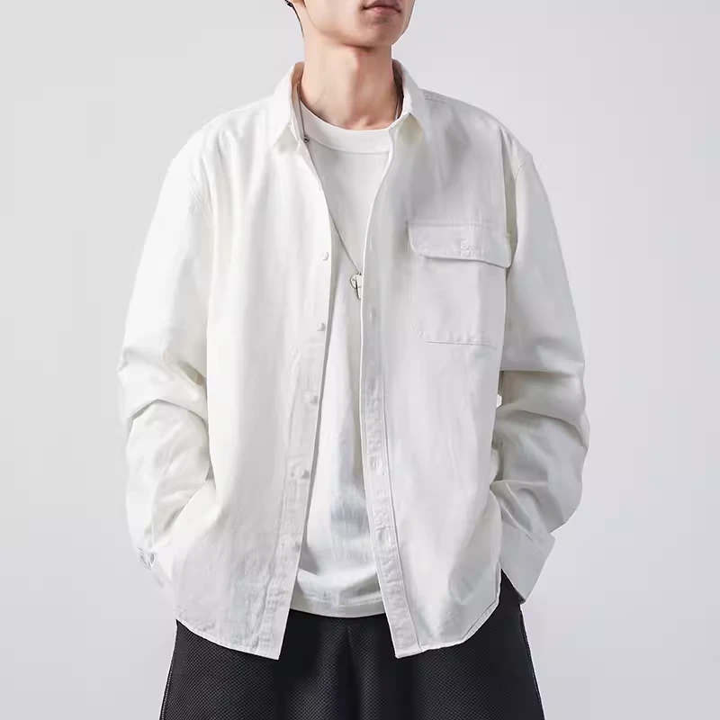 美式高级感工装长袖衬衫男士春秋款潮流复古休闲百搭纯色衬衣外套