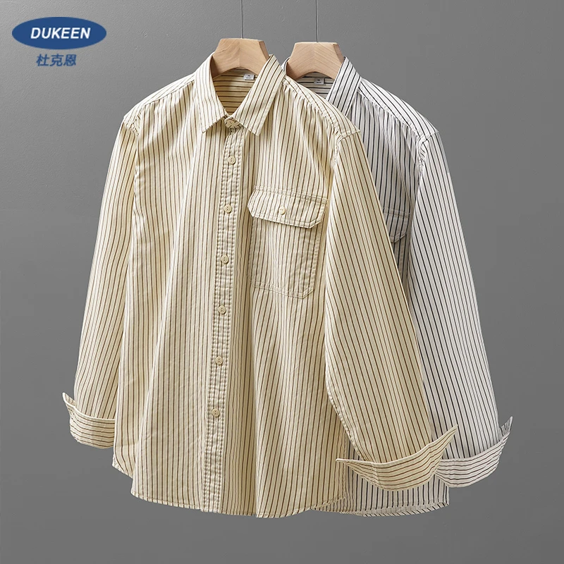 美式重磅纯棉条纹衬衫秋季高级感翻领寸衬宽松百搭休闲衬衣外套男