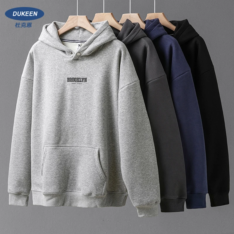 美式重磅加绒连帽男士卫衣秋冬2023新款简约印花加厚保暖帽衫外套