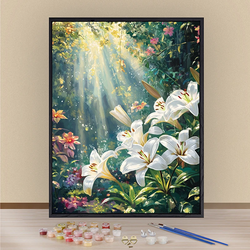 百合花diy手工画画填色成人专用高级感手绘油画装饰挂画数字油画