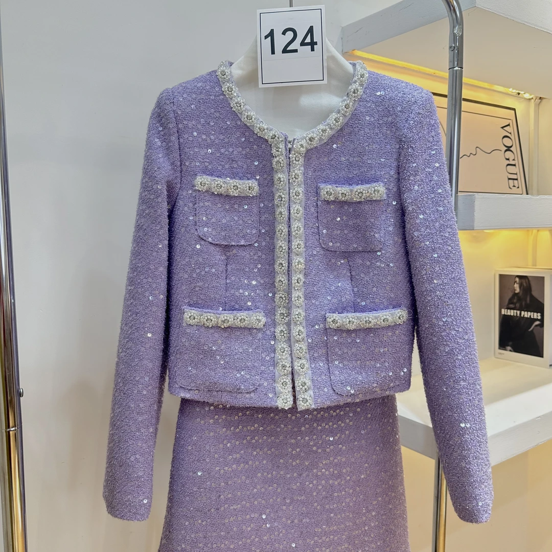 【124】重工亮片镶钻修身显瘦气质轻奢小香风半身裙套装两件套-1150