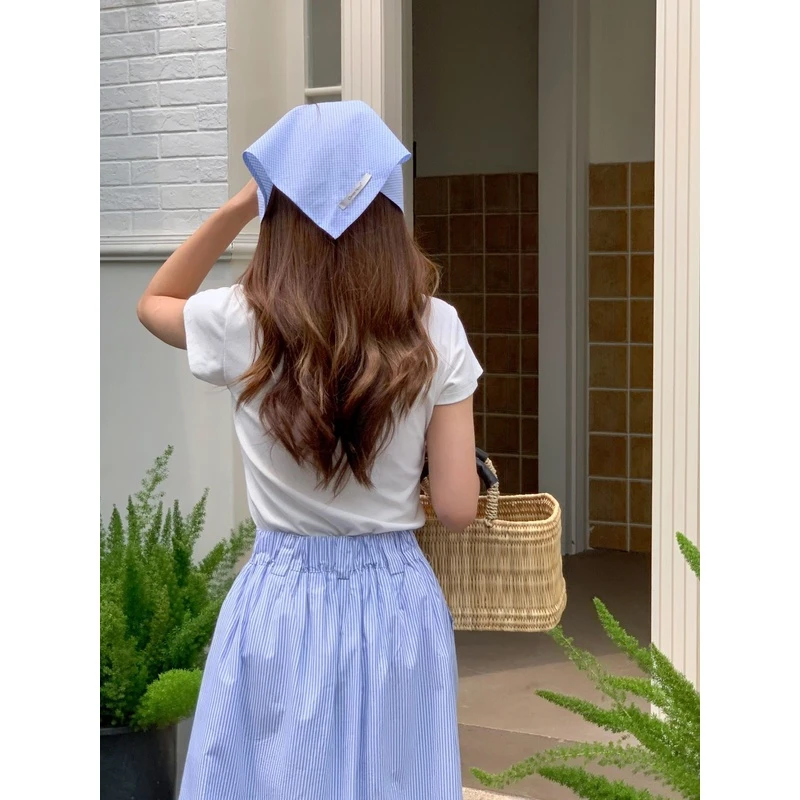 定制款~蓝色格子三角头巾女夏天时尚发巾法式包头